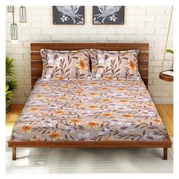 Kuber Industries Double BedsheetGlace Cotton Flower Print Bedsheet with 2 Pillow Covers for Living RoomBedroom90x108 Inch (Light Brown)-picture-40