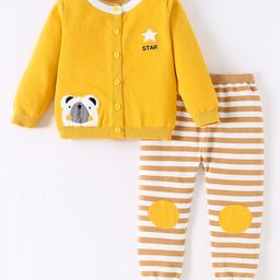 Kookie Kids Knit Full Sleeves Front Open Striped Sweater Set with Panda Design - Yellow-image-89