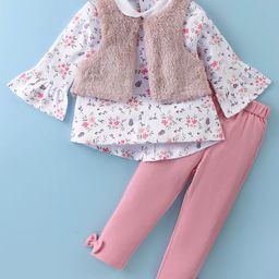 ToffyHouse Woven Cotton Full Sleeves Floral Printed Top With Fur Jacket & Leggings - Pink-picture-48
