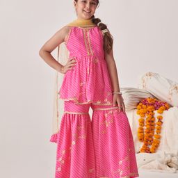 Pspeaches Georgette Sleeveless Leheriya Printed & Sequin Embellished Kurta With Sharara & Dupatta - Pink-image-80