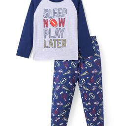 Honeyhap Premium 100% Cotton Full Raglan Sleeves Night Suit With Bio Finish Text Print - Melange Grey & Navy Peony-picture-2