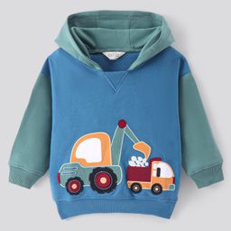 Bonfino 100% Cotton French Terry Knit Full Sleeves Colour Block Hooded Sweatshirtwith Front TruckEmbroidery - Teal & Blue-picture-34