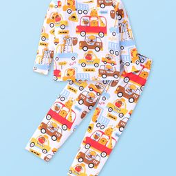 Babyhug Cotton Knit Full Sleeves Night Suit With Vehicle Print - White-image-66