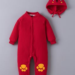 Kookie Kids Full Raglan Sleeves Front Open High Neck Romper with Paw Patch & Cap - Red-image-53