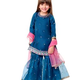 Babyhug Woven Three Fourth Sleeves Organza Embroidered Kurti Gharara & Dupatta Set with Tassle Detailing - Teal-image-75