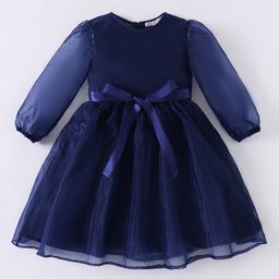 Kookie Kids Full Sleeves Party Frock with Bow Applique Solid Colour - Navy Blue-image-58