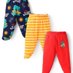 Babyhug Interlock KnitFooted Leggings with Stripes Design &Dino Print Pack of 3 - Navy Blue Yellow & Red-image-59