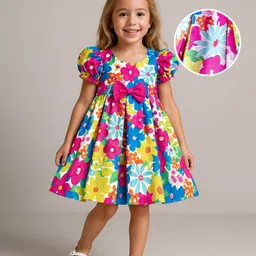 Babyhug Nylon Woven Half Sleeves Party Dress With Floral Print & Bow Applique - Multicolor-picture-15