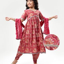 EARTHY TOUCH Cotton Woven Half Sleeves Kurta & Salwar Set with Dupatta With Floral Print - Rose Gold-image-20