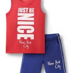 Honeyhap Premium 100& Cotton Knit Sleeveless Shorts Night Suit With Text Print - High Risk Red & Limoges-12