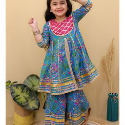 Superminis Cotton Three Fourth Sleeves Floral Printed & Gota Lace Embellished Kurta Sharara Set - Blue-image-90