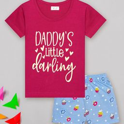 Sheer Love Cotton Jersey Knit Half Sleeves Daddys Little Darling Text Printed Night Suit Set - Fuchsia-image-93