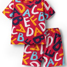 Babyhug Cotton Knit Half Sleeves Co-ords Shorts Night Suit with Alphabet Print - Red-image-51