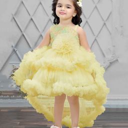 Lagorii Net Sleeveless Floral Applique & Ruffles Detailed Layered Dress With Detachable Tail - Lemon Yellow-image-67