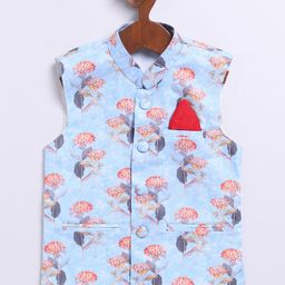 JBN Creation Cotton Linen Sleeveless Floral Printed Nehru Jacket - Aqua-image-81