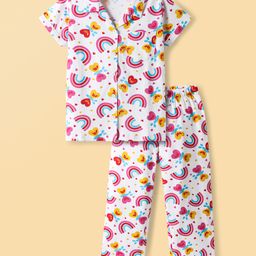Honeyhap Premium 100% Cotton Knit With Bio Finish Half Sleeves Co-Ord Night Suit With Butterfly & Rainbow Print - Bright White-image-75