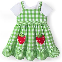 Babyhug Cotton Woven Checks Frock & Half Sleeves Inner Tee With Strawberry Embroidery - Green & White-image-61