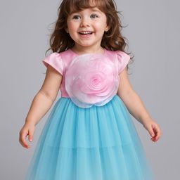 Babyhug Woven Cap Sleeves Mesh Party Dress With Floral Corsage - Pink & Blue-image-74