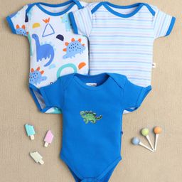 BUMZEE Cotton Knit Half Sleeves Dinosaur Printed Onesies Pack of 3 - Blue & White-image-7