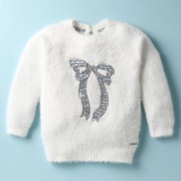 Yellow Apple Knit Full Sleeves Pullover Fur Sweater with Bow Sequin Design - White-picture-25
