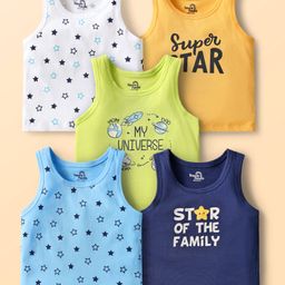 Doodle Poodle 100% Cotton Single Jersey Knit Sleeveless Vests With Text Print Pack Of 5 - Multicolour-image-73