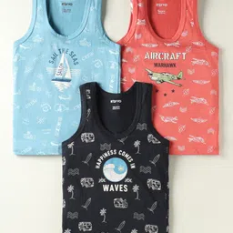Revvo Junior Cotton Knit Sleeveless Sando Vest with Nautical Vehicle & Beach Theme Print - Rust Orange Black & Aqua Blue-picture-39