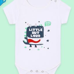 The Mom Store Cotton Knit Half Sleeves Little But Loud Text & Baby Dinosaur Printed Onesie - White-image-71