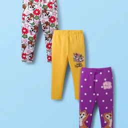 Babyhug Disney Cotton Lycra Knit Full Length Leggings with Chip'N Dale Graphics Pack of 3 - White Yellow & Purple-picture-25