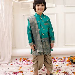 KID1 Brocade Woven Onam Theme Full Sleeves Floral Foil Printed Sherwani Dhoti With Stole Set - Green-picture-43