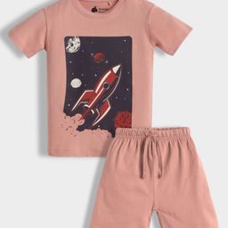 Orange Sugar 100% Cotton Knit Half Sleeves Space Theme Printed Tee & Coordinating Shorts Set - Soft Red-picture-7