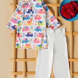 Bella Moda Cotton Woven Full Sleeves Elephants & Floral Printed Kurta Pyjama Set - White-picture-27