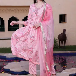BANDIA Women Floral Printed Regular Beads and Stones Kurta with Trousers & Dupatta-54