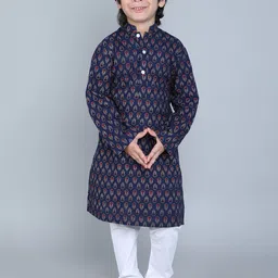 Little Clothings Boys Floral Printed Mandarin Collar Pure Cotton Kurta with Churidar-12