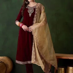 Sangria Women Zari Sequence Embroidered Straight Velvet Kurta Trousers With Dupatta-9