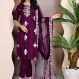 FULPARI Floral Embroidered Round Neck Thread Work Straight Kurta With Trousers & Dupatta-picture-15