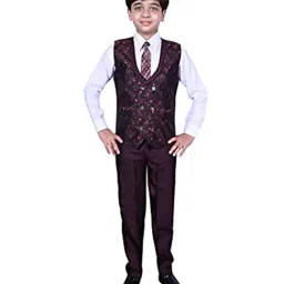Pro-Ethic Style Developer Kids Wine & White Floral Full Sleeves Shirt, Waistcoat, Pants with Tie-image-21
