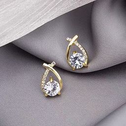 MYKI Stainless Steel Gold-Plated Cubic Zirconia Studded Teardrop Shaped Studs-8