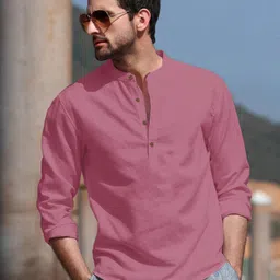Anouk Pink Mandarin Collar Pure Cotton Straight Short Kurta-image-91