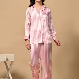 fuchsia PRETTY LOVING THING Women Striped Lapel Collar Night Suit-picture-46