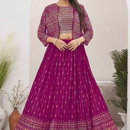 Chandbaali Embroidered Sequinned Round Neck Ready to Wear Lehenga & Choli With Jacket-18