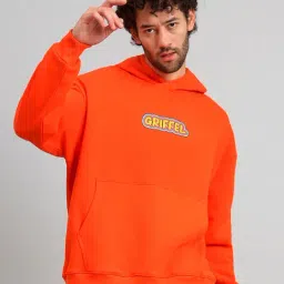 GRIFFEL Orange Loose Fit Graphic Print Oversized Hooded Sweatshirt-image-99