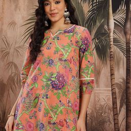 Sangria Floral Printed Lace Insert Detail Pure Cotton A-Line Kurta with Trousers-picture-17