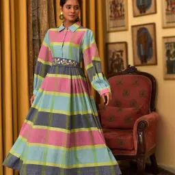 Nuhh Multicolor Cotton Relaxed Fit Checks Dress With Belt-image-40