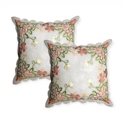 MONKDECOR Whit & Brown Set of 2 Floral Embroidered Square Cushion Covers-12