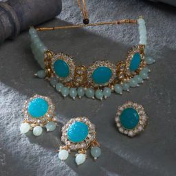 Zaveri Pearls Green Stones Multistrand Beads Kundan Choker Necklace Earring & Ring Set-ZPFK16235-46