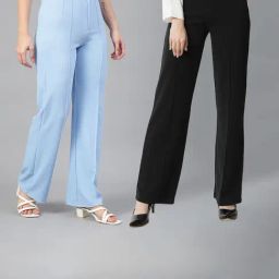 Kotty Blue & Black Solid High rise Trousers (Pack Of 2)-image-83