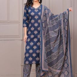Nayo Floral Printed V-Neck Pure Cotton Straight Kurta With Trousers & Dupatta-picture-53