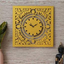 eCraftIndia Yellow Wood Square Shape Floral Designer Wall Clock-8