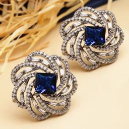 Karatcart Black Silver Tone Blue Cubic Zirconia Stud Earrings for Women-1