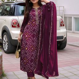 GoSriKi Bandhani Printed Notch Neck Straight Kurta with Trousers & Dupatta-picture-44